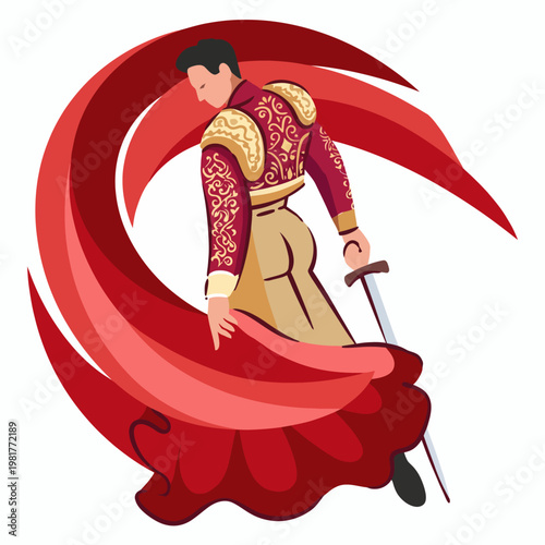 This artistic representation shows a skilled bullfighter in a dramatic pose, with a flowing red cape, symbolizing passion, bravery, and the cultural significance of bullfighting.