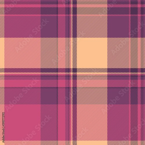 Crease background fabric texture, apparel textile tartan seamless. 1940s check pattern plaid vector in pink and orange colors.