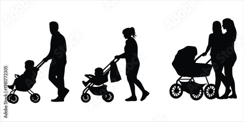 Silhouettes of parents with babies in strollers on a white background baby pram