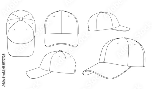 Baseball cap apparel design template outline vector set isolated on white background