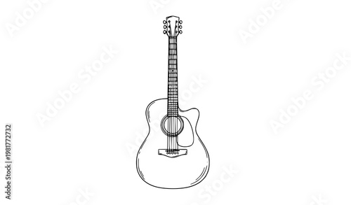 Acoustic guitar sketch line art vector illustration isolated on white background