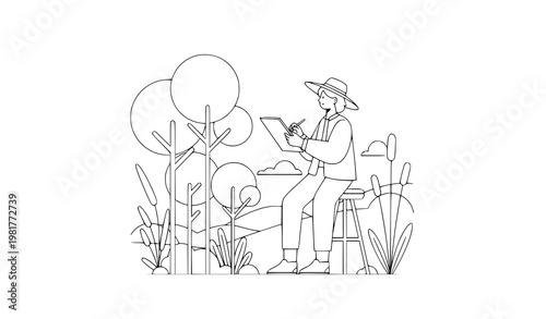 Young artist sketching outdoors nature inspiration vector illustration isolated on white background