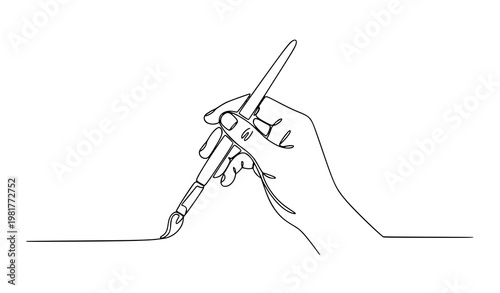 Continuous line hand holding paintbrush creative artist vector illustration isolated on white background