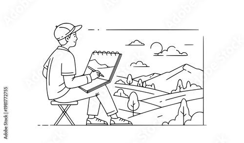 Minimal young artist sketching nature outdoor vector illustration isolated on white background