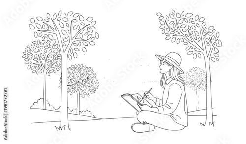 Young artist sketching nature inspiration line art vector illustration isolated on white background