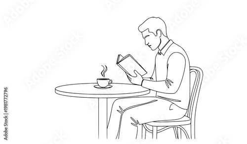 Minimal man cafe reading coffee lifestyle line art vector illustration isolated on white background
