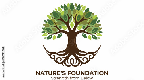 An elegant logo featuring a majestic tree with deep roots, illustrating strength and resilience in nature, embodying the essence of environmental sustainability and growth.