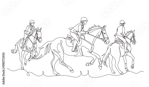 Horse rider equestrian sport line art drawing minimal riding illustration black linear sketch isolated on white background.