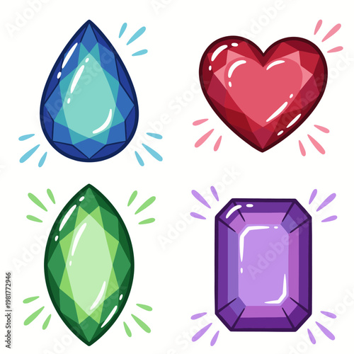 This vibrant illustration showcases a variety of colorful gemstones, including a heart, teardrop, marquise, and emerald cut in a playful and appealing design style.