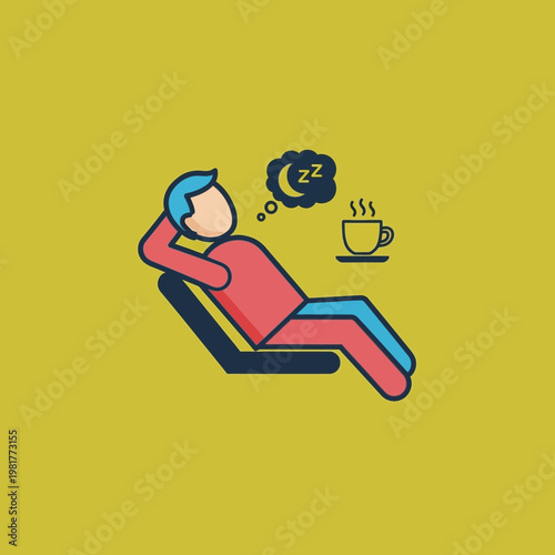 Person relaxing on lounge chair with coffee, dreaming of sleep and night.