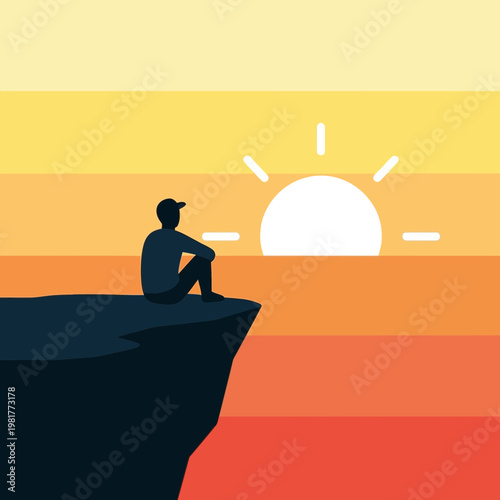 Person sitting on cliff edge watching sunset with colorful sky background.