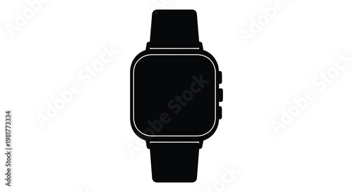 A modern smartwatch design shown in a stark black silhouette