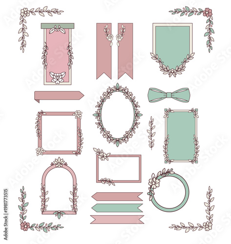 A collection of decorative banners and frames for holiday, wedding invitations and postcards in pink and mint colors