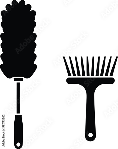 Two distinct hairbrushes a duster and a comb are presented in a simple black and white illustration