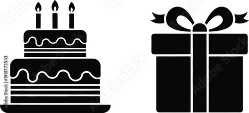 Black and white illustration of a tiered birthday cake with burning candles and a beautifully wrapped gift