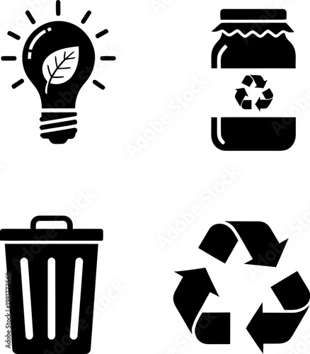 Sustainable living icons representing eco friendly practices like recycling energy conservation and waste reduction