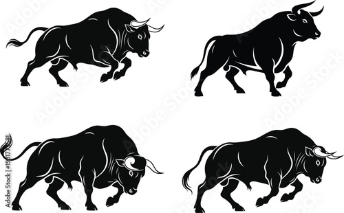 Four dynamic black silhouette illustrations of powerful bulls in various poses showcasing strength and aggression