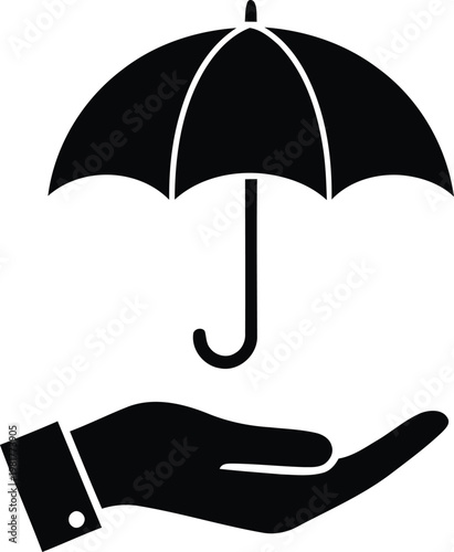 A black silhouette of an open umbrella held protectively in a cupped hand symbolizing safety and shelter