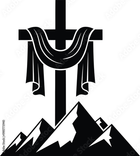 A stark black and white illustration depicting the crucifixion of jesus christ against a mountainous backdrop symbolizing sacrifice and redemption