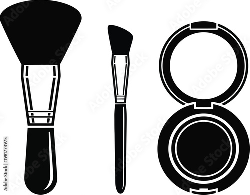 Elegant black and white illustration of makeup brushes and compact powder for cosmetic application
