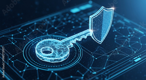Digital key and shield representing cybersecurity, data protection, and secure access in the digital realm