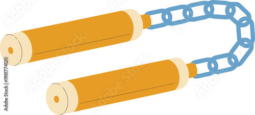 Minimalist vector illustration of wooden nunchaku with a blue chain link for martial arts, fitness, and self-defense concepts.