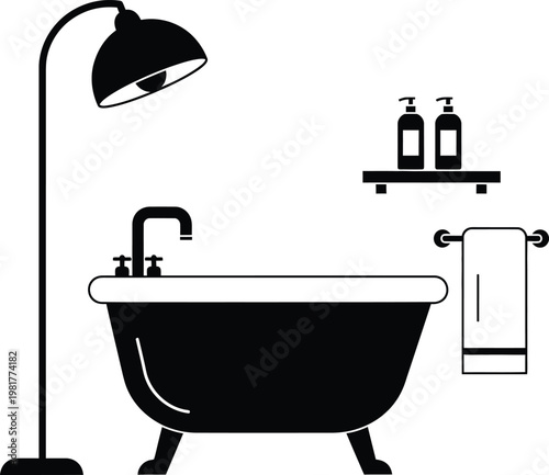 Minimalist bathroom scene a black and white illustration of a classic clawfoot tub and modern fixtures