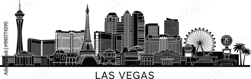 Las Vegas skyline silhouette featuring famous landmarks and cityscape isolated black vector illustration for travel tourism and urban design projects