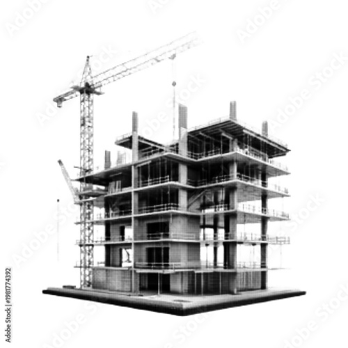 Construction site with unfinished building and tower crane, urban development and engineering concept in halftone style.