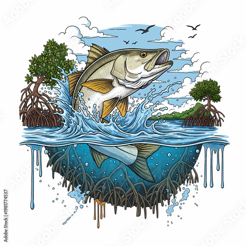 Snook fish jumping out of water with mangrove forest background vector illustration