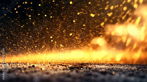 Glistening amber specks on dark surface against a warm, blurred background