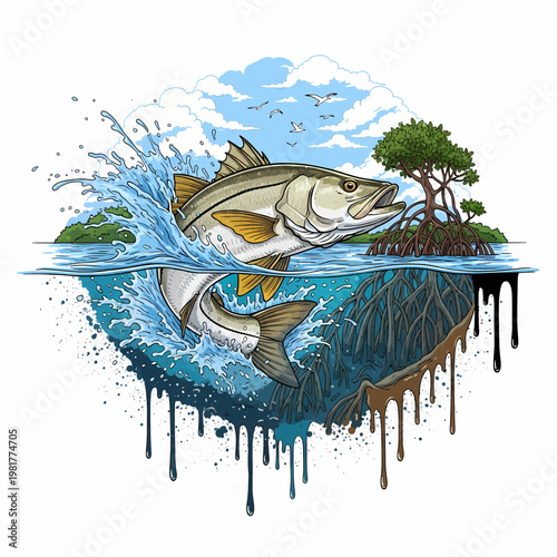 Snook fish jumping out of water with mangrove forest background vector illustration