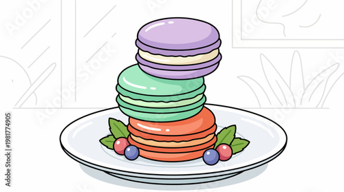 A charming illustration of a stacked macarons dessert featuring pastel colors, designed to entice viewers with its whimsical, playful vibe and delicious appeal.