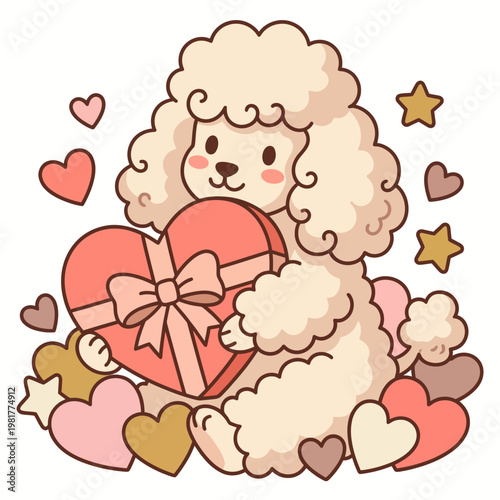 A fluffy poodle holds a large heart-shaped gift amidst a sea of hearts, symbolizing love, affection, and the joy of giving in a sweet dog-themed illustration.