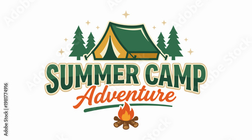 This lively logo captures the spirit of a summer camp adventure, adorned with a tent, pine trees, and a campfire, presenting exciting outdoor activities for all ages.