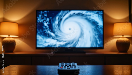 Hurricane simulation broadcast on TV in cozy living room, storm awareness