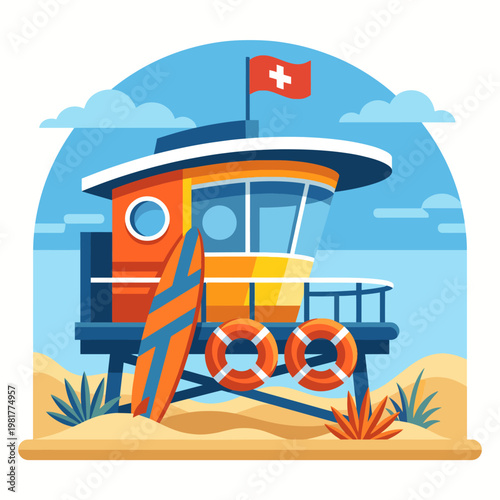 This lively illustration captures a colorful lifeguard tower on a sunny beach, highlighting the importance of safety and summer fun in a picturesque coastal environment.
