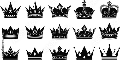 Royal crown silhouettes vector set, king and queen crown icons, luxury monarchy symbols isolated on white background illustration design
