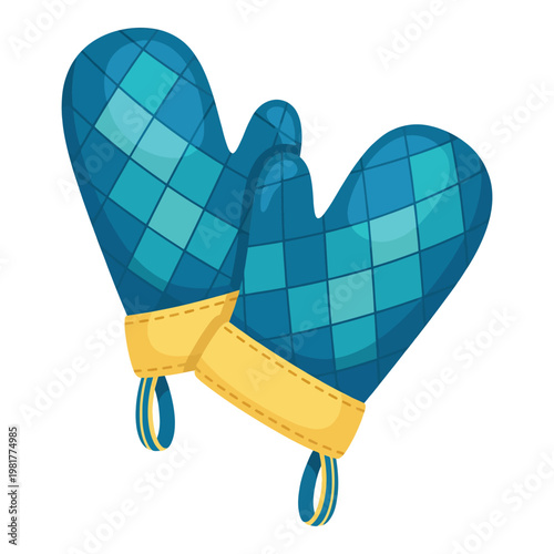 This whimsical pair of oven mitts features a blue plaid pattern, emphasizing creativity in culinary and home cooking while providing a fun and functional kitchen accessory.
