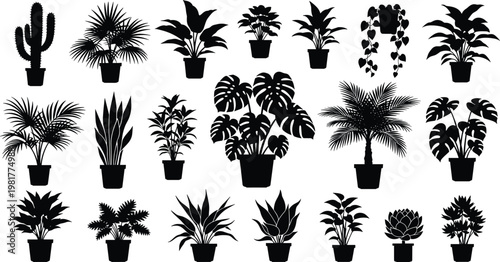 Potted plant silhouettes collection featuring indoor tropical houseplants and cactus isolated black vector illustration set for home decor and botanical design use