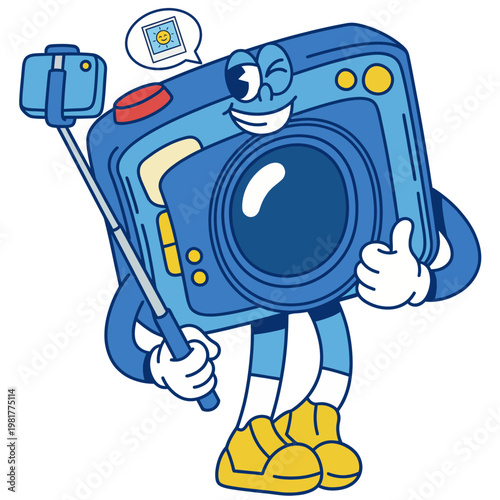 This playful image displays a cartoon character represented by a camera holding a selfie stick, highlighting creativity and fun in capturing memories.