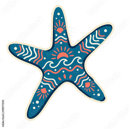 A lively starfish design illustrated with vibrant colors and beach elements, offering a cheerful representation of marine life and coastal aesthetics in a playful art style.