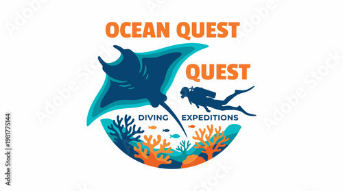 This vibrant logo illustrates 'Ocean Quest' with a manta ray, diver, and coral reef, embodying the spirit of adventure and exploration in marine environments.
