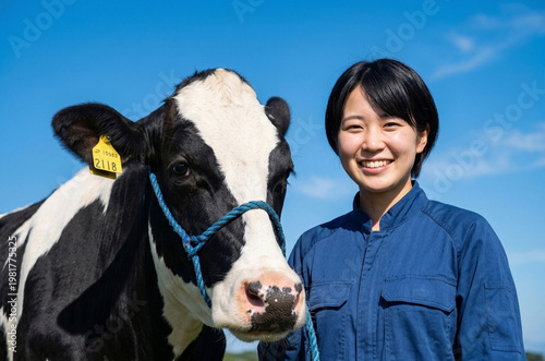 牧場で笑顔を見せる酪農家の女性と牛のポートレート