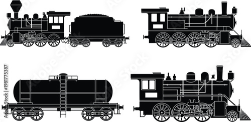 Vintage steam train silhouettes collection with locomotives and tanker wagon, detailed railway vector illustration isolated on white background for design