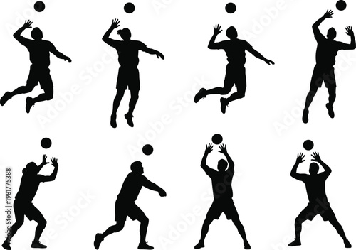 Volleyball player silhouettes collection showing jumping serving and hitting actions isolated black vector illustration set for sports design projects