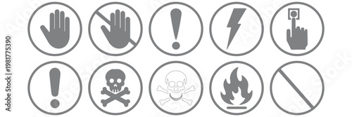 Electricity prohibition icon pack, no lightning signs, power failure and blackout symbols, high voltage warning graphics,