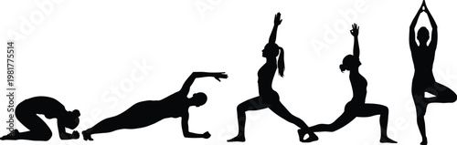 Yoga silhouettes set with women performing stretching poses, fitness and wellness exercises isolated on white background for healthy lifestyle design use