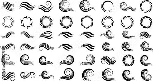 Abstract swirl wave elements collection vector, decorative curved lines set, black vortex shapes isolated on white background design pack