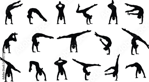 Acrobat silhouettes collection vector, handstand and balance poses set, gymnastics performance isolated on white background illustration design